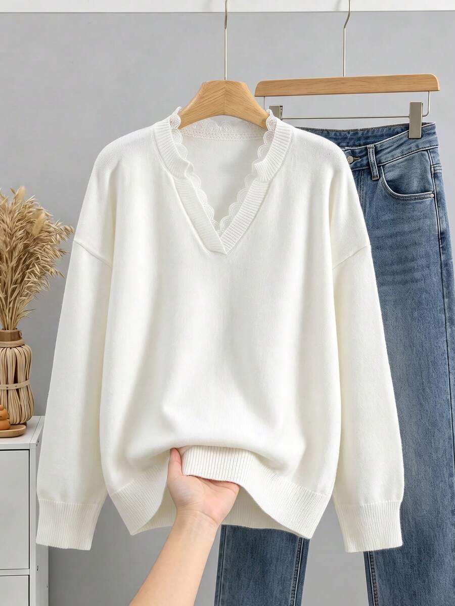 GIGOGOU 大尺碼 1XL-5XL 秋冬加厚蕾絲針織毛衣 休閒 V 領套頭衫 柔軟舒適 白色 秋季 - 白色 - 查看 1