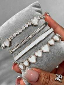 1/4Pcs Cute Heart Enamel Tennis Bracelet Set With Copper Plated 16K Gold Heart Enamel Bracelet Jewelry, Paired With 18K Gold Plated Waterproof Non-Fading Stainless Steel Bracelet, Suitable For Women's Daily Wear, Fashion Music Festival Jewelry Gift, Perfect Choice For Friends, Parties, Gatherings - Silver - View 8