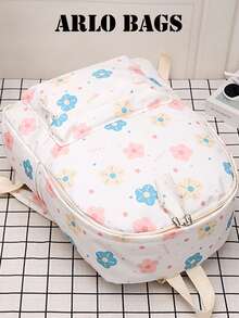 Minimalistischer weißer Rucksack mit Blumenmuster, tragbare Schultasche mit vorderer Reißverschlusstasche, Mehrfach-Abteilungs-Freizeitrucksack, geeignet für Einkaufen, Schule, Reisen - Verschiedenfarbig - Übersicht 5