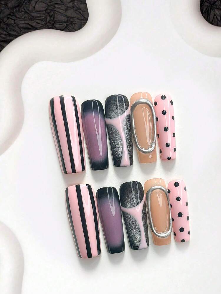 10pcs Fashionable Handmade Press-On Nails, Polygel Nail Art Set, Striped And Polka Dot Hand-Painted Pattern, Pink And Black Color Scheme, Unique Style, Includes Nail Tools, 3 Sizes Available, Almond/Duck/Coffin Shape, Suitable For Party, Dancing, Daily Wear - Multicolor - View 16