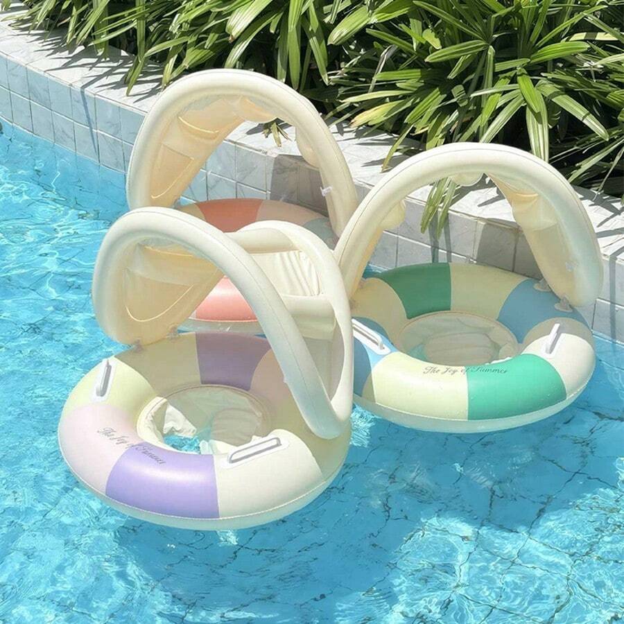 Happy wind Swim 1件復古三色充氣浮圈附遮陽篷，藍/粉/紫防曬遮陽，PVC材質，返校季、開學第一天