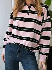 Just Masa Women's Fall Casual Cute Sweet Striped Loose Sweater Pullover,Long Sleeve POLO Collar Rib-Knit Chic Top,For Going Out,Vacation,Travel - Pink Stripes - View 7