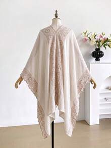 1件式極簡幾何刺繡開襟和服式圍裙女款，波希米亞風春夏海灘度假防曬罩衫，裝飾刺繡開襟衫，適合日常穿著，完美禮物選擇 - 米色 - 查看 4