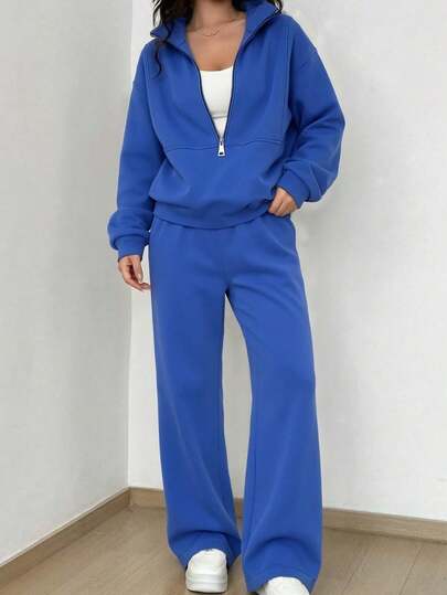 2pc Women's Blue Half Zip Blue Sweatshirt 2 Piece Set Casual Wide Leg Sweatpants Fall Winter,Christmas