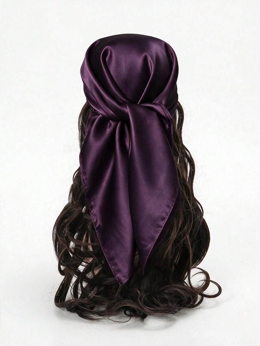 1pc Soft Solid Color Minimalist Polyester Silk-Like Square Scarf, Headband Headwrap, Suitable For Styling And Outfit - Purple - View 1