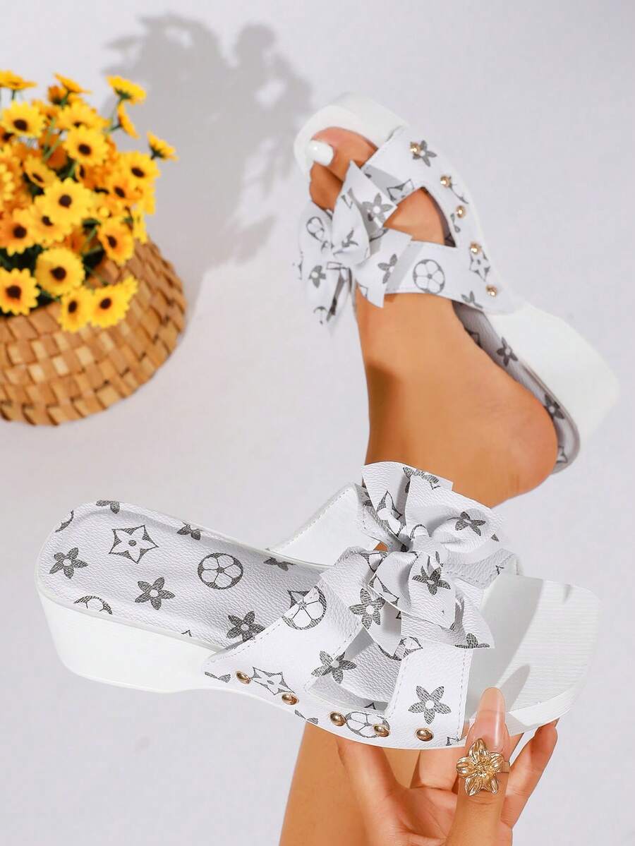 Sandal Selop Nyaman untuk Musim Panas dan Aktivitas Luar Ruangan dengan Sol Tebal dan Motif Pita Bergaya Vintage, Menambah Tinggi Badan - Putih - View 1