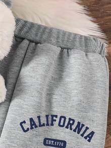 Toddler Letter Print Warm Crew Neck Sweatshirt And Sweatpants - Grey - View 5