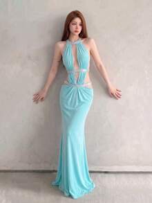 Top Dazzle Sexy Halter Sleeveless Knitted Maxi Dress With Cut Out Details, Ideal For A Glamorous Evening Or Prom Night - Blue - View 1