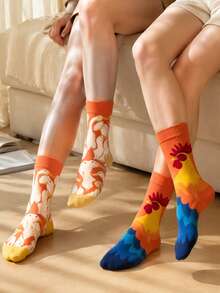 2Pairs Women Cute Rooster & Goose Print Crew Socks, Color Block Novelty Cartoon Animal Mid Calf Socks, Casual Soft Fashion Socks - Multicolor - View 1