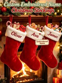 Custom Embroidered Name Christmas Stockings, Personalized Soft Red Plush With Thick White Cuff, Large Capacity Monogrammed Hanging Holiday Decor - Multicolor - View 2