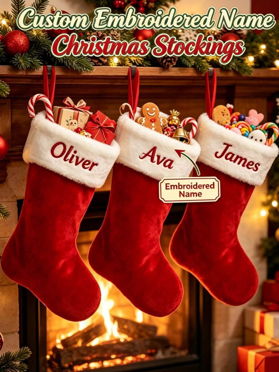 Custom Embroidered Name Christmas Stockings, Personalized Soft Red Plush With Thick White Cuff, Large Capacity Monogrammed Hanging Holiday Decor