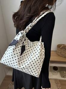 1pc New Large Capacity Polka Dot & Scarf Decor Design Dual Handle Tote Bag, Suitable For Work And Commuting, School Bag, Large Capacity, Portable, Classic Casual, Business Casual, Suitable For Teenage Girls, College Students, White-Collar Professionals, Perfect For Work, Back To School, Middle School, High School, University, Vacation, Fashion Zipper Tote Bag - White - View 4