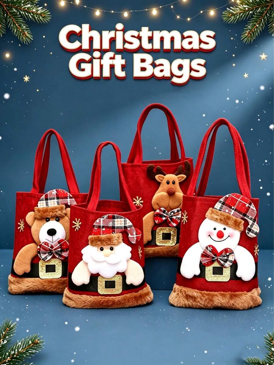 Bolsa de regalo de decoración navideña con Papá Noel, muñeco de nieve y ciervo, bolsa de regalo navideña de dibujos animados 3D, bolsa de almacenamiento, bolsa de regalo festiva - Ver 1