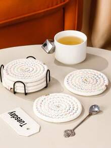 8pcs Beverage Coaster Set With Holder, Minimalist Woven Desktop Coasters, Heat-Resistant Kitchen Dining Table Coasters, Thickened Insulated Pads, 4-Color Absorbent Coaster Set, Home Decor Desktop Protection, Suitable For Various Cups, 4.3 Inch - White - View 4