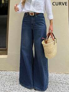 Urban Street Style Washed Solid Color Distressed Casual Plus Size Slim Fit Denim Jeans, With Pockets, Extended Length - Deep Blue - View 1