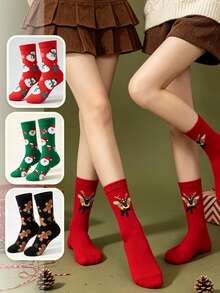 4 Pairs Christmas Theme Cartoon Mid-Calf Socks For Women Red Reindeer Snowman Gingerbread Man Christmas Tree Jacquard Cotton Socks Festive Atmosphere Versatile Celebration New Year Slouch Socks - Multicolor - View 11
