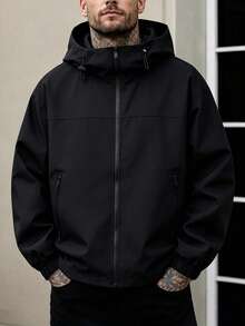 1pc Men's Black Hooded Jacket, Suitable For Casual And Office Wear - Black - View 1