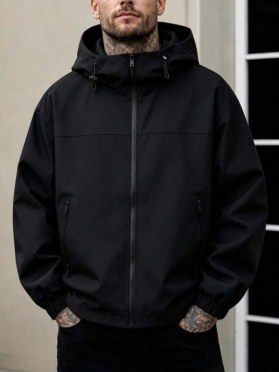1pc Men's Black Hooded Jacket, Suitable For Casual And Office Wear - Black - View 1
