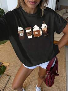 Plus Size Retro Coffee Art Print Vintage T-Shirt, Unique Creative Graphics, Relaxed Fit, Casual Short Sleeve Basic Tee For - 黑色 - 查看 1