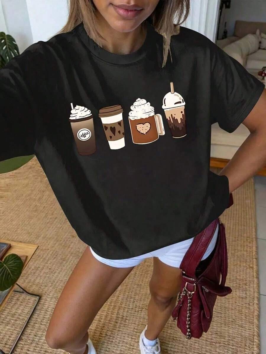 Plus Size Retro Coffee Art Print Vintage T-Shirt, Unique Creative Graphics, Relaxed Fit, Casual Short Sleeve Basic Tee For - 黑色 - 查看 1