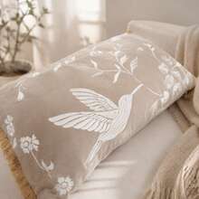 1pc Luxury Velvet Decorative Pillow Case With Tassels, Cream Hummingbird And Floral Embroidery Cushion Cover, Suitable For Sofa, Armchair, Aesthetic Room Decor - Khaki - View 7