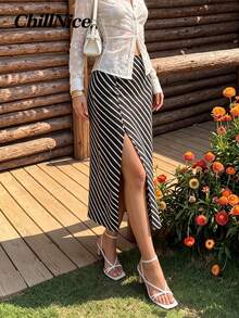 Women Elegant Summer Striped Split Midi Skirt, Holiday Festival Outfit, Versatile Skirt Suitable For Autumn And Winter - Black and White - View 8