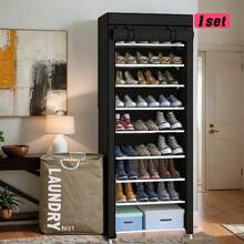 LÈRFM 6/9-Layer Metal Shoe Rack With Dust Cover, Large-Capacity Non-Woven Shoe Storage Box, Space-Saving, Suitable For Home And Dormitory Shoe Storage, Easy To Assemble - Black - View 1