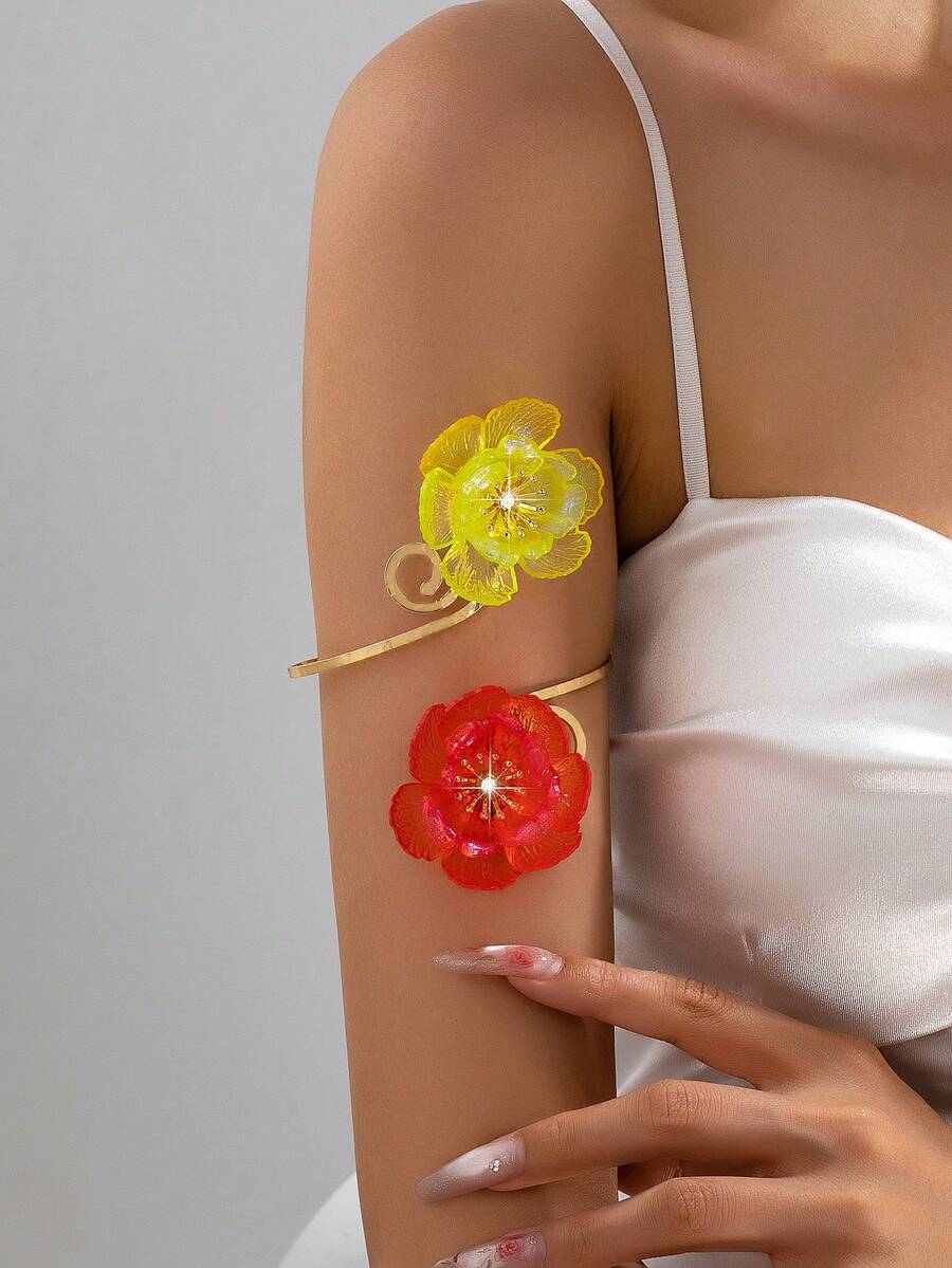 1件裝亮片花卉上臂袖箍 透明花朵開口臂環 優雅飾品禮物 適合女性女孩 - 彩色 - 查看 1
