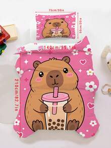 2/3PCS Capybara Bubble Tea Duvet Cover Set, Cute Cartoon Animal Bedding, Pink Heart Floral Print Bed Set For Girls - Multicolor - View 18