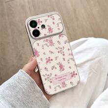 1pc Silver Frame Beige Litchi Texture Pink Rose Floral English Slogan Phone Case, Large Window Lens Full Coverage Soft Edge Hard Shell, Compatible With Apple Series, Gentle French Girl Style Anti-Drop Protective Case - Silver - View 3
