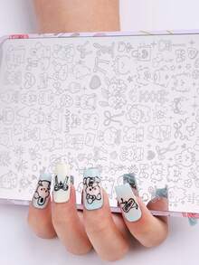 1 pieza Placa de impresión de uñas con diseño de animal de dibujos animados lindo, plantilla de uñas grande con lazo de cinta, conejo, oso y amor, para crear diseños de uñas lindos, herramientas de arte de uñas DIY japonés, suministros de uñas de acero inoxidable para salón - Plateado - Ver 9