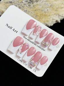 10pcs High-End Fashion Pure Erotic Style, Hand-Painted Three-Dimensional Engraved Patterns, Glittering Point Diamonds Handmade Fake Nails - Baby Pink - View 5