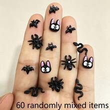 10/30/60pcs Halloween Resin Craft Set - Cartoon Black Halloween Skull, Spider, Little Snake, Bat, Black Cat Flat Back Decor Nails Art, Scrapbooking, DIY Jewelry Making - Fun Animal Designs, Christmas Halloween Creative Enthusiasts - Random Mix - Multicolor - View 14