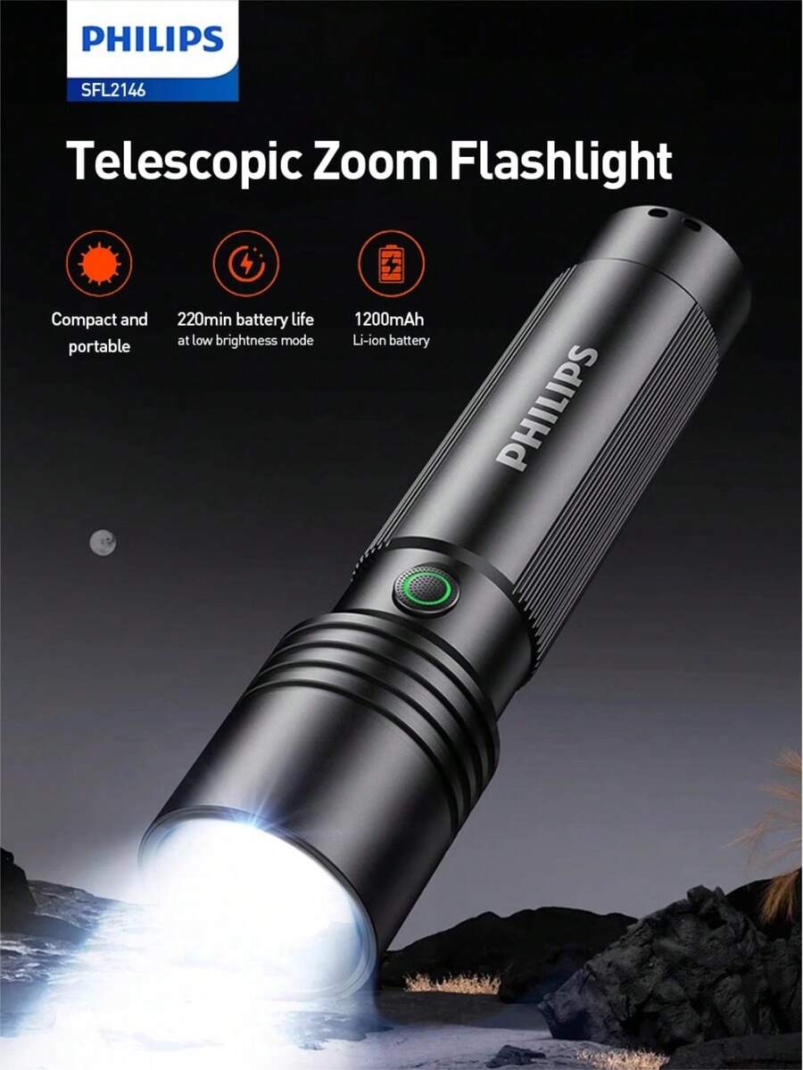 Philips SFL2146 Telescopic Zoom Flashlight, Eagle Eye Optical Lens 3W 1200mAh Battery, High/Low/Strobe/SOS Modes, One-Handed Focus Adjustment, USB-C Rechargeable Handheld Flashlight - Flashlight - View 1