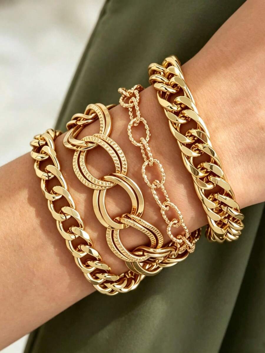 YUNCHUN 4pcs/Set Thick Chain Gold Layered Cuban Chain Set, Textured Paperclip Cuban Chain Fine Glitter Hollow Chain, Minimalist Versatile Metal Hand Jewelry - Gold - View 1