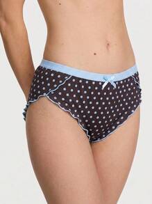 Aesletic Celana Dalam Segitiga Wanita Nyaman Motif Polkadot Cokelat & Biru Vintage dengan Hiasan Pita & Rumbai yang Manis - Biru - View 2