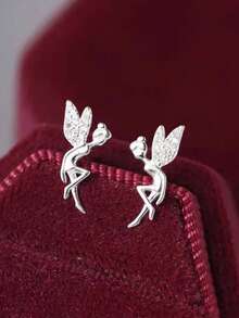 1pc Exquisite Women's Jewelry Little Angel Fairy Stud Earrings S925 Sterling Silver Minimalist Fashion Versatile Luxury Style Niche High-End Earrings Suitable For Daily Wear - #1 - View 5