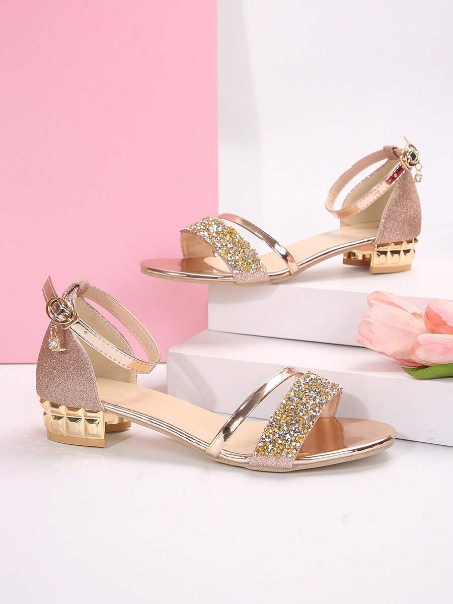 Girl's Glitter Rhinestone Flat Shoes High Heel Sandals Fashion Buckle Open Toe Daily Casual Party Glitter Chunky Heel Teenager Gold Sandals - 香檳色 - 查看 1