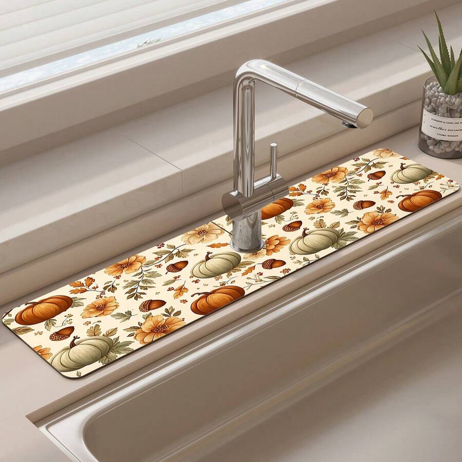 1pc Thanksgiving Multi-Color Pumpkin Pattern Rubber Faucet Splash Guard, Bathroom Faucet Splash Mat, Mud Guard, Moisture-Proof Non-Slip Faucet Pad, Kitchen Countertop Accessory. Protect Your Kitchen Countertop. - Multicolor - View 1