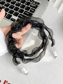 Black Mesh Charger Protection Set - Wrinkled Ribbon Anti-Break Decorative Rope, Suitable For 18/20W Fast Charging Cables And Chargers, Data Cable Protective Sleeve, Prevents Scratches And Stains, Japanese And Korean Style Design, Holiday Gift Choice - Black - View 6