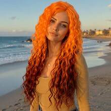28 Inch Orange Gradient Curly Wig - Halloween Costume Wig, Women's Long Wavy Synthetic Fiber Wavy Wig, Suitable For Cosplay Witch Party, Heat Resistant Material - Ombre - View 4