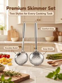 Stainless Steel Oil Skimmer Set: Stainless Steel, Non-Deformable. Long Handle For Heat Insulation And Protection, Suitable For Scooping Pasta, Frying Food, Filtering Excess Oil, And Easy To Clean With Water Rinse. - Multicolor - View 9