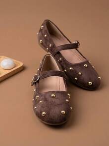 Elegant Girls' Velvet Upper Metal Polka Dot Decor Party Wedding Classic Children's Flat Shoes - Brown - View 2