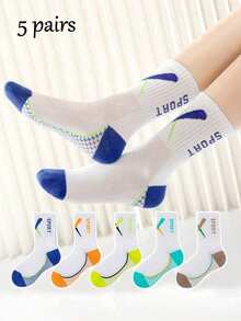 5 pares de calcetines deportivos para niños, transpirables y absorbentes de sudor, de malla hasta la pantorrilla, con diseño de letras de moda, calcetines para niños, calcetines de running y baloncesto para jóvenes, calcetines atléticos - Multicolor - Ver 1