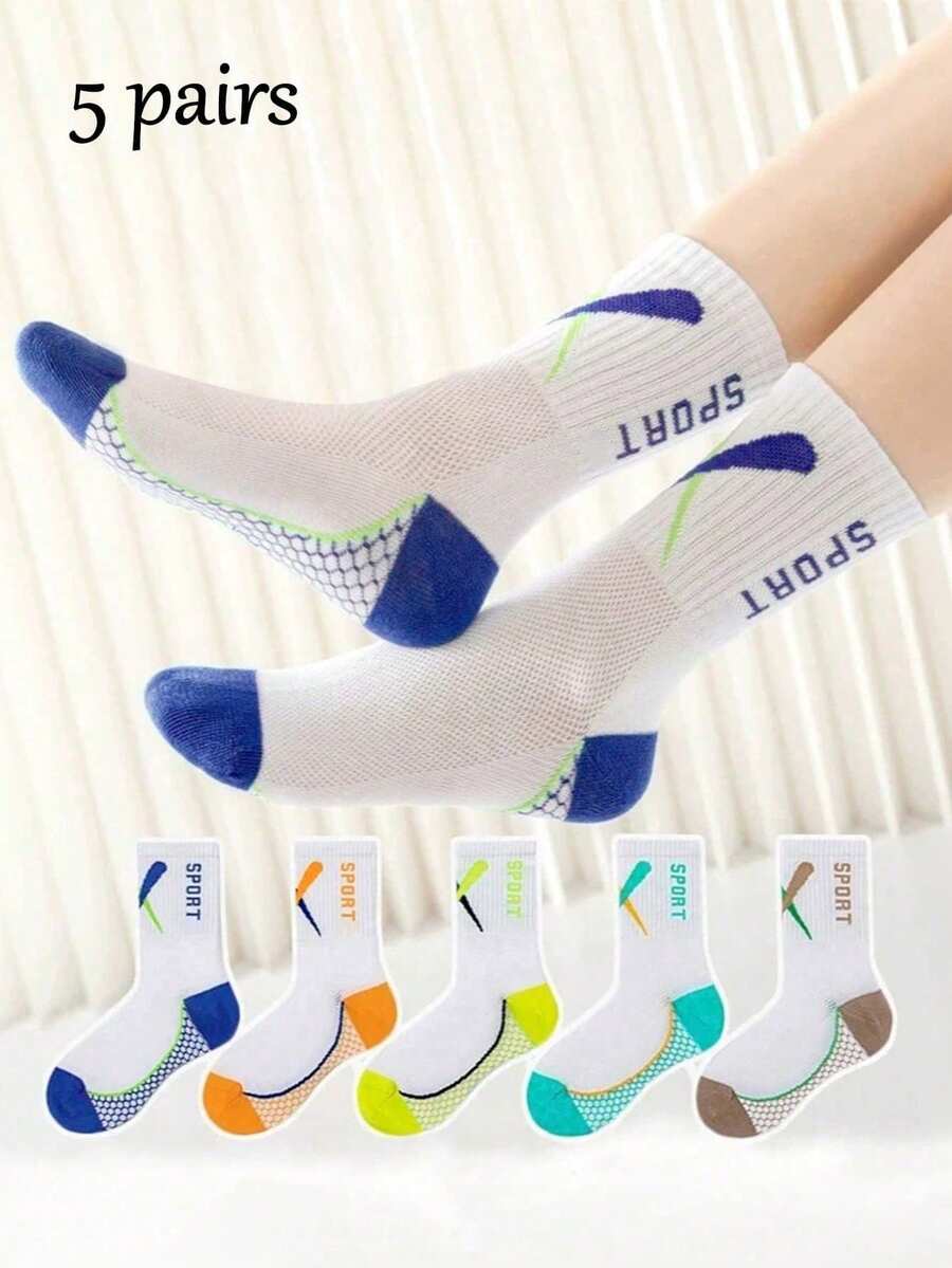 5 pares de calcetines deportivos para niños, transpirables y absorbentes de sudor, de malla hasta la pantorrilla, con diseño de letras de moda, calcetines para niños, calcetines de running y baloncesto para jóvenes, calcetines atléticos - Multicolor - Ver 1