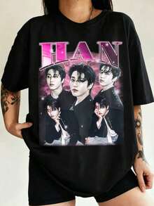 Hans Jisung Strays Kids Vintage 90s Collage Portrait Graphic Oversized T Shirt Women K-Pop Idol Fan Streetwear Cotton Tee - Black - View 1