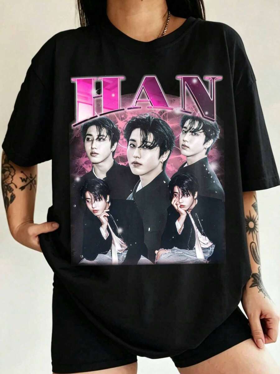 Hans Jisung Strays Kids Vintage 90s Collage Portrait Graphic Oversized T Shirt Women K-Pop Idol Fan Streetwear Cotton Tee - Black - View 1