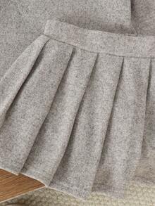 2pcs Baby Girl Casual Soft Commuter Style Lapel Long Sleeve Top & Matching Fabric Elastic Pleated Skirt Set, Suitable For Spring Autumn Daily Outings - Grey - View 7