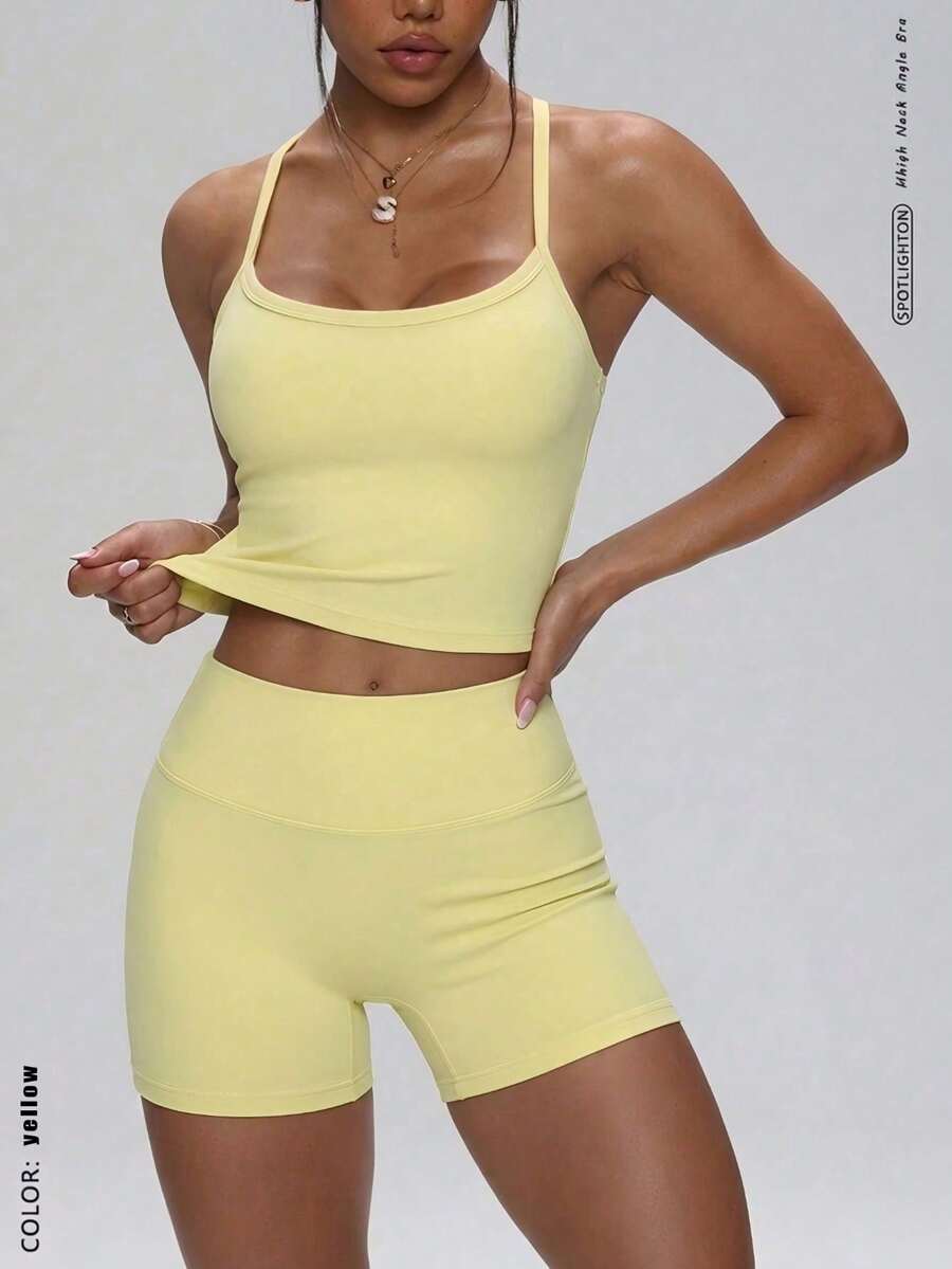 FWH #Fresh Quiet Minimalist Fitness Style# 大學清新運動風 女款運動背心短褲兩件套 黃色 - 黃色 - 查看 1
