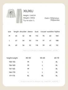 Gongdie 2pcs Snoopy Women's Pajama Set, Spring/Autumn Soft Cotton Loungewear In Grey Floral, With Cartoon Pattern And Bow Print - Light Grey - View 7